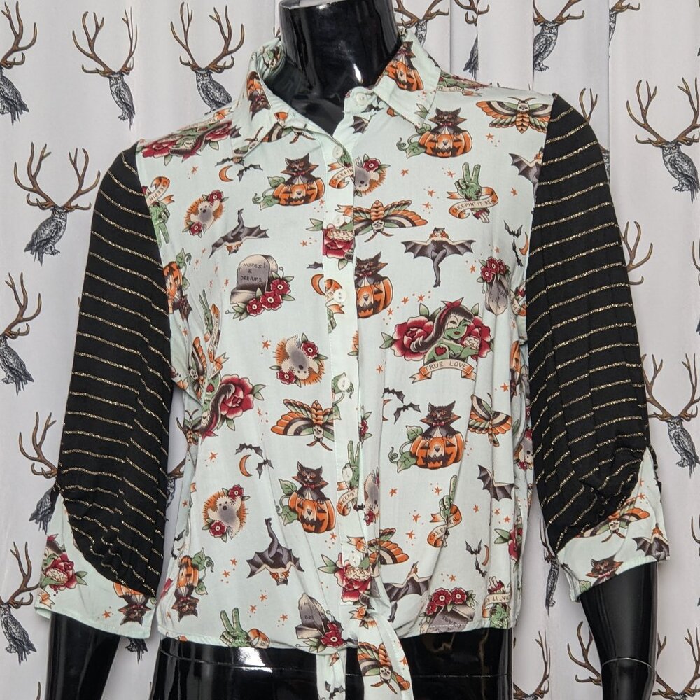 Upcycled Dangerfield Retro Halloween Print Tie Front Shirt